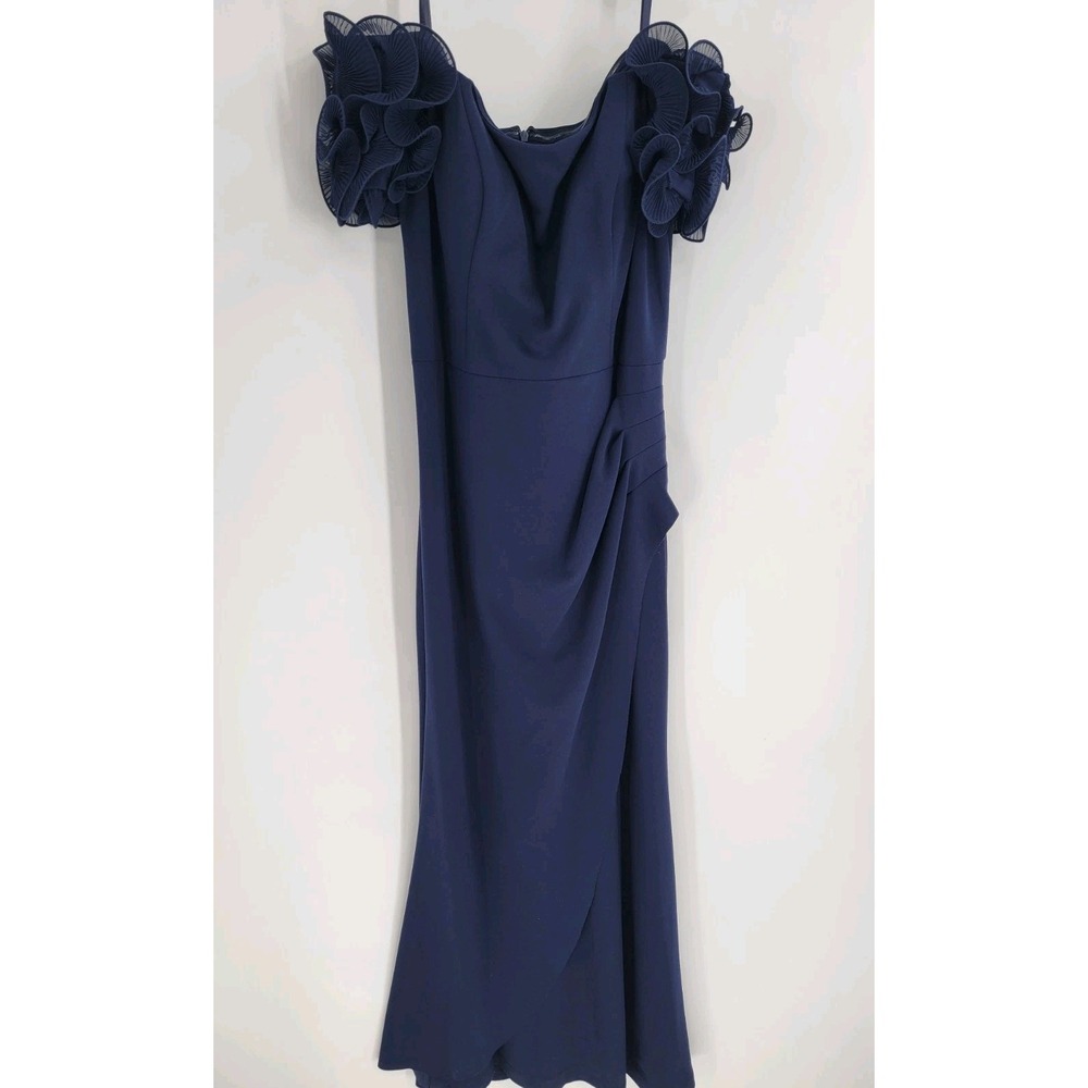Escape Dress Size 14‎ Off Shoulder Ruffle Gown Navy Women's Msrp 279.00